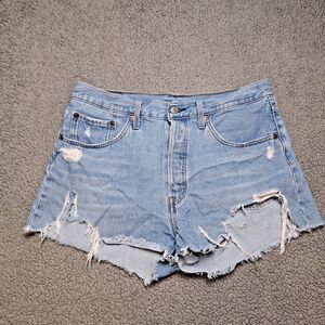 Levis 501 Shorts Womens W31 (actual 33) Blue Denim Distressed Cutoff Button Fly